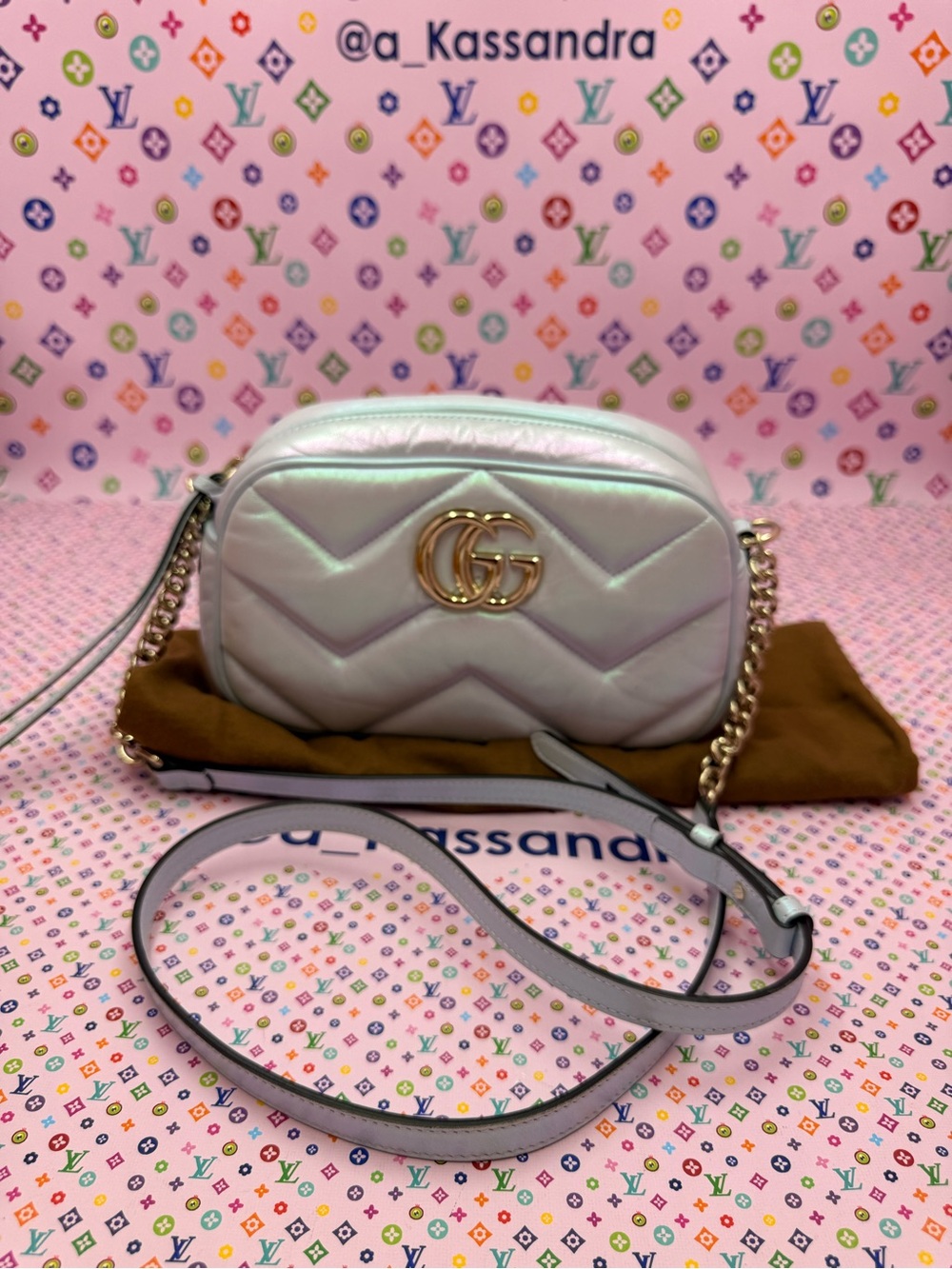 Gucci Iridescent White GG Marmont Chevron Camera Crossbody